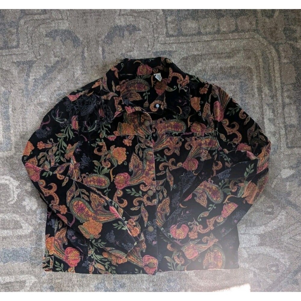 Caribbean Joe VTG Jacket Cotton Velvet Black Paisley Floral Women’s LG Short